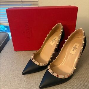 Valentino Black Rockstud Heels with Gold Accents